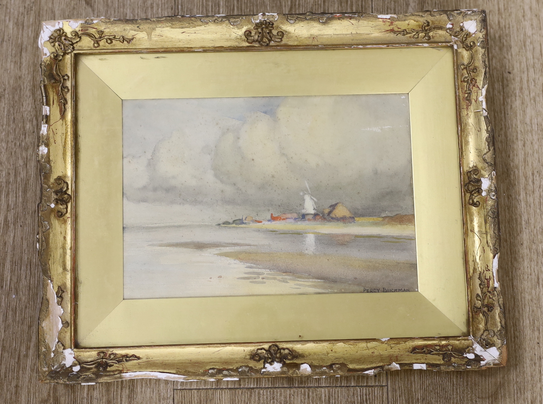 Percy Buckman RMS, (British 1865-1935), watercolour, Estuary with windmill, signed, 17 x 24cm